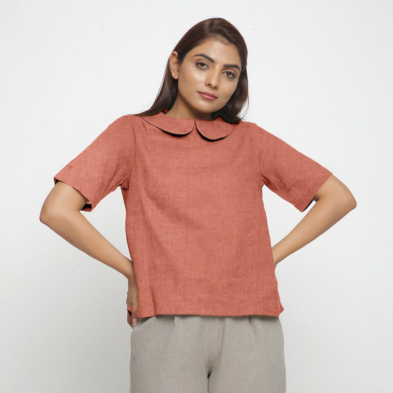 Rust Sandstone Cotton Linen Peter Pan Collar Half Sleeve Top