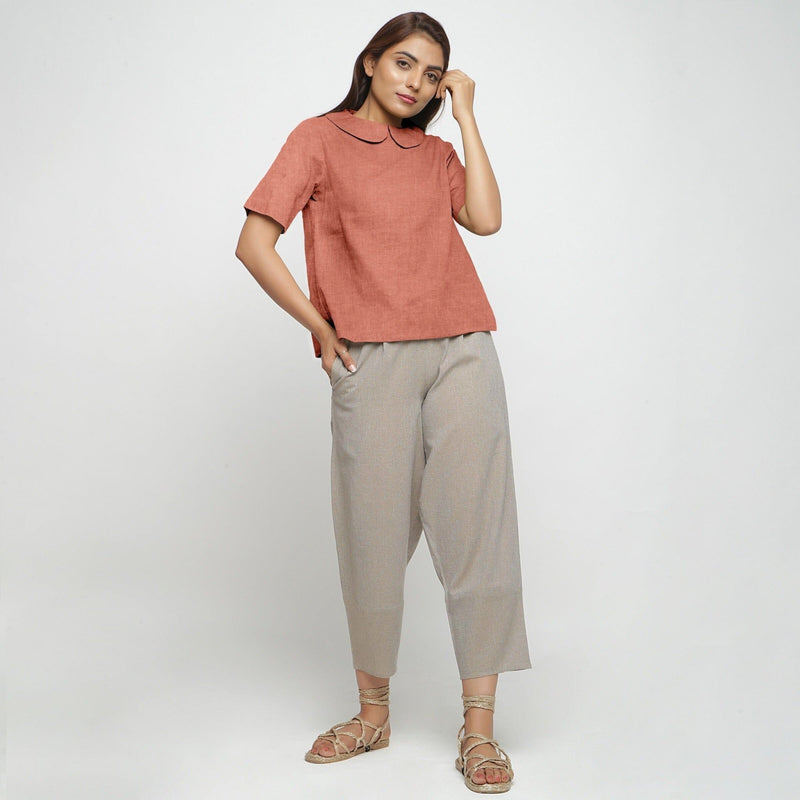 Rust Sandstone Cotton Linen Peter Pan Collar Half Sleeve Top