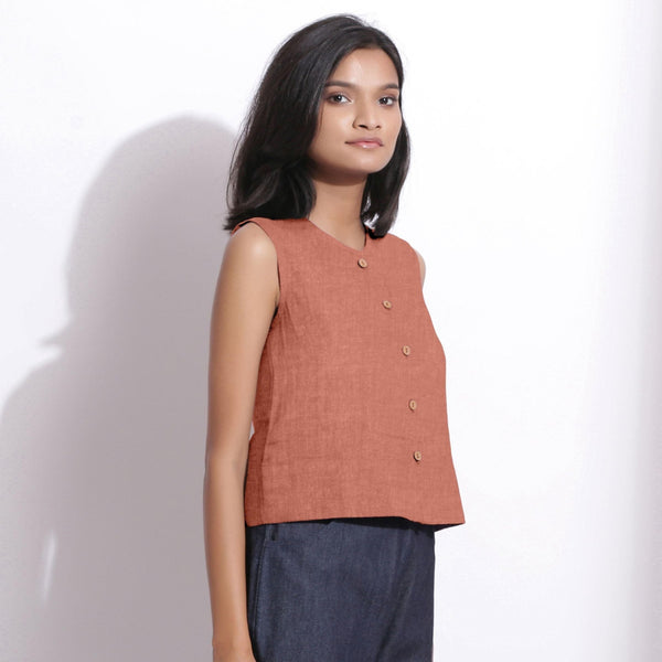 Rust Sandstone Cotton Linen Sleeveless Button-Down Shirt