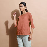 Rust Sandstone Cotton Linen Split-Neck Tunic Top