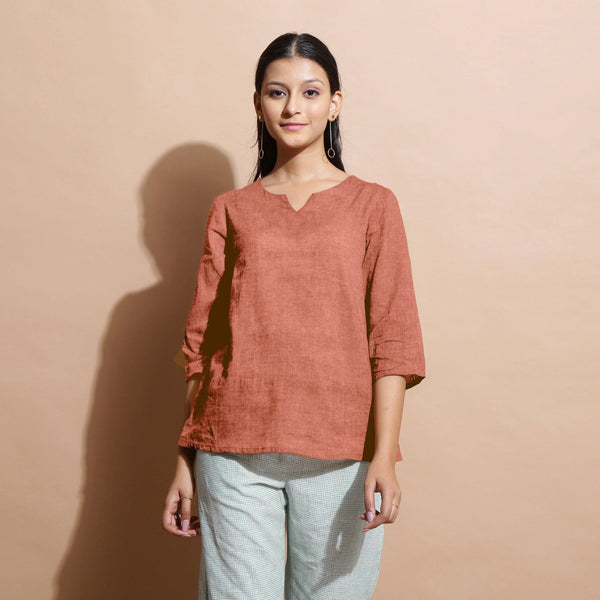 Rust Sandstone Cotton Linen Split-Neck Tunic Top