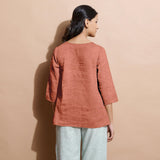 Rust Sandstone Cotton Linen Split-Neck Tunic Top