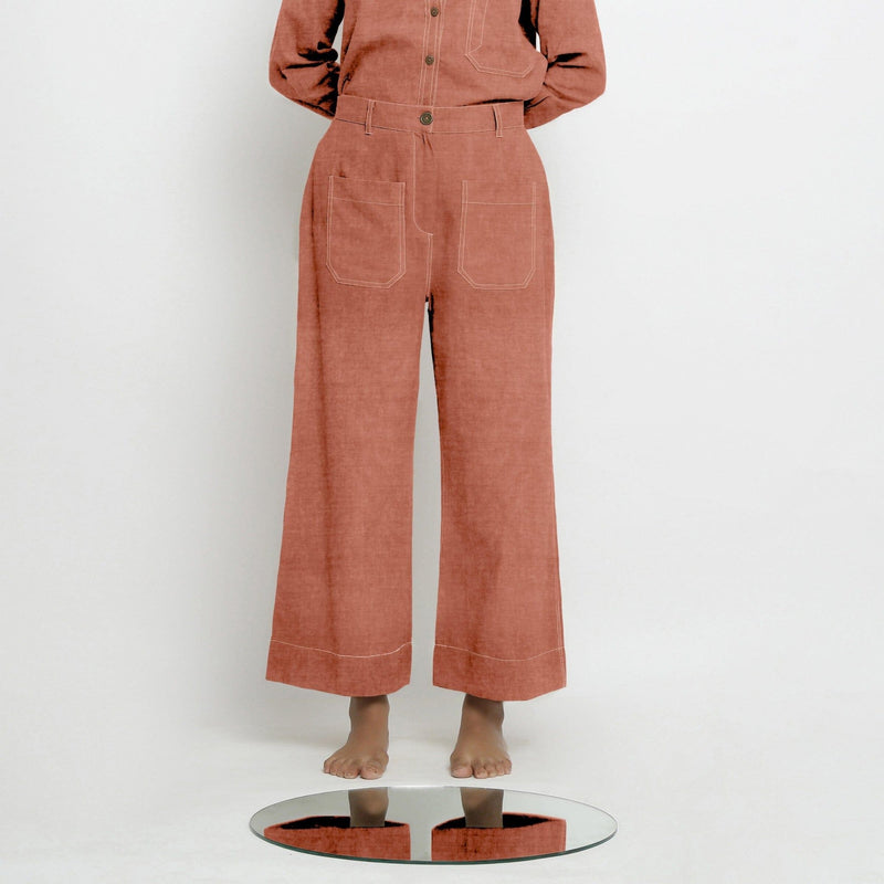 Front View of a Model wearing Rust Sandstone Linen Patch Pocket Wide Legged Pant