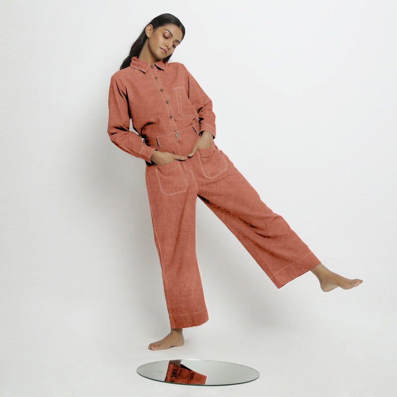 Front View of a Model wearing Rust Sandstone Linen Patch Pocket Wide Legged Pant