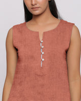 Front Detail of a Model wearing Rust Sandstone Linen Split Neck Button-Down Sleeveless Top