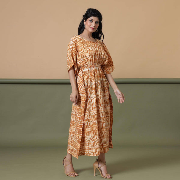 Rust Sandstone Shibori Tie-Dye Cotton Maxi Kaftan Dress