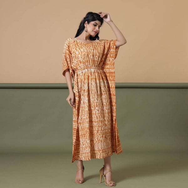 Rust Sandstone Shibori Tie-Dye Cotton Maxi Kaftan Dress