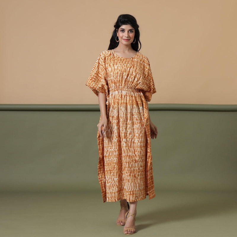 Rust Sandstone Shibori Tie-Dye Cotton Maxi Kaftan Dress