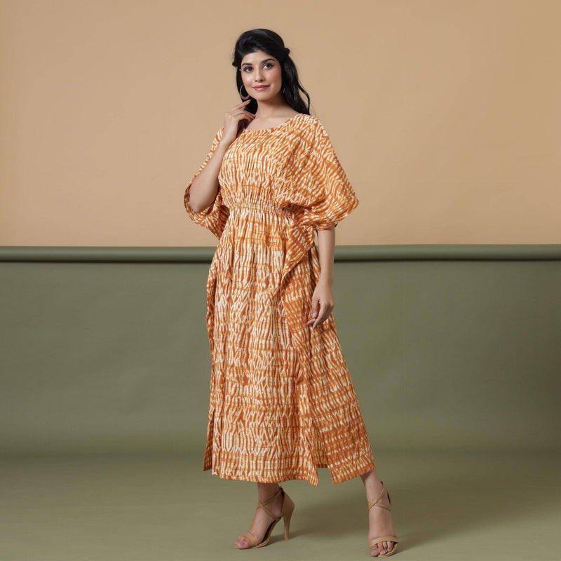 Rust Sandstone Shibori Tie-Dye Cotton Maxi Kaftan Dress