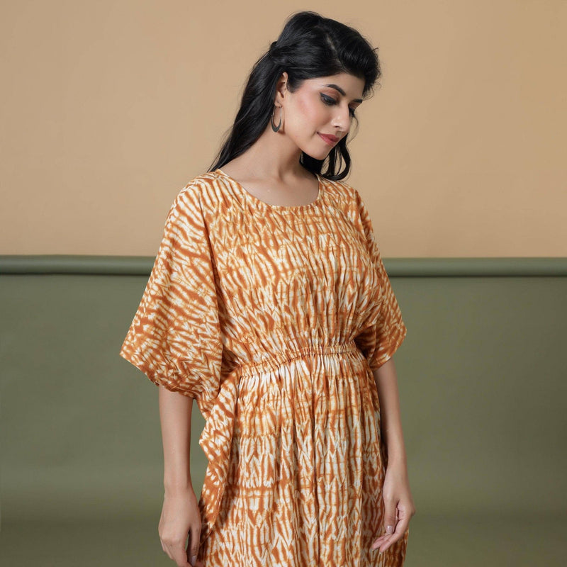 Rust Sandstone Shibori Tie-Dye Cotton Maxi Kaftan Dress