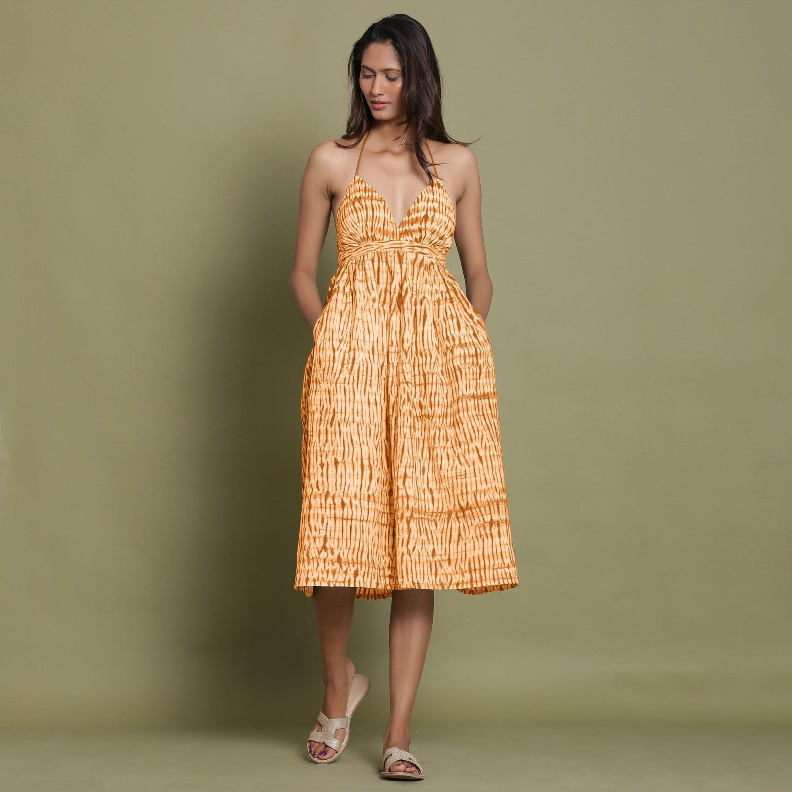 midi women's cotton tie dye dresses Rust Shibori Tie-Dye Plunge Neck Gathered Dress 60
