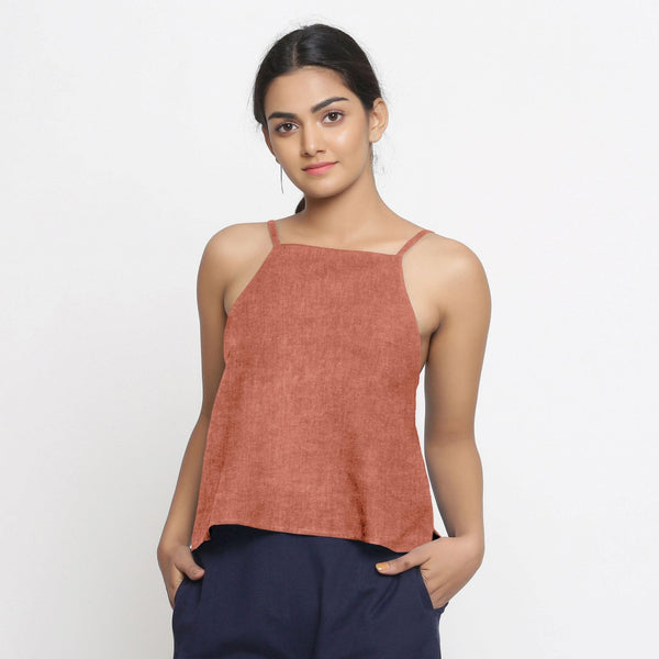 Rust Strappy 100% Linen Strap Sleeve Spaghetti Top