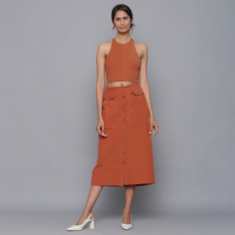 Front View of a Model wearing Rust Corduroy Halter Top and Skirt Set