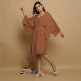 Rust Crinkled Cotton Flax V-Neck Drop Shoulder Knee Length Dress