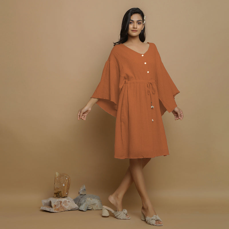 Rust Crinkled Cotton Flax V-Neck Drop Shoulder Knee Length Dress