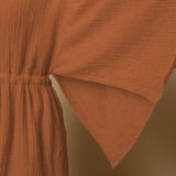 Rust Crinkled Cotton Flax V-Neck Drop Shoulder Knee Length Dress