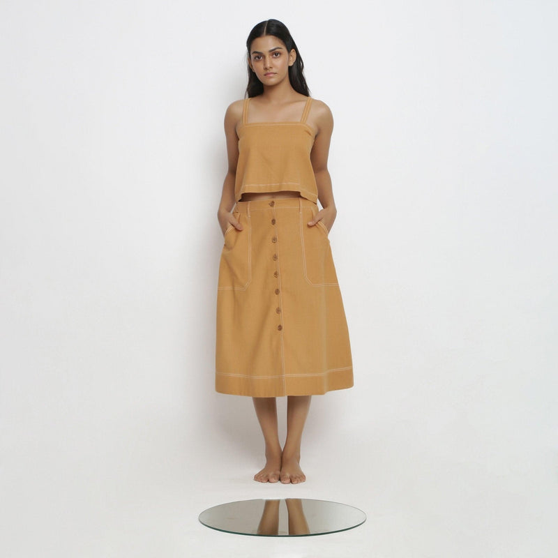 Front View of a Model wearing Rustic Vegetable Dyed Button-Down Skirt