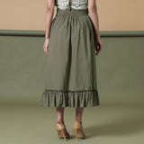 Front View of a Model wearing Moss Green A-Line Ruffled Cotton Skirt