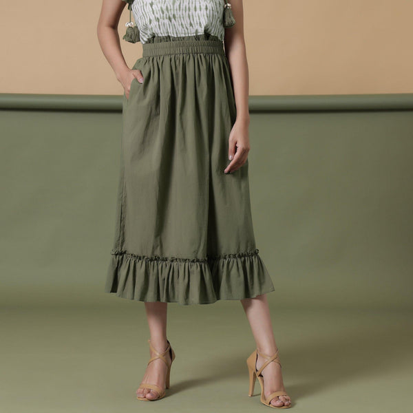 Front View of a Model wearing Moss Green A-Line Ruffled Cotton Skirt