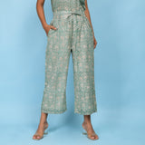 Front View of a Model wearing Sage Green Block Printed 100% Cotton Culottes