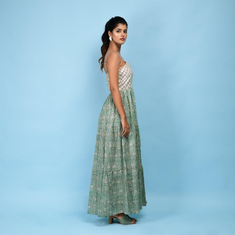 Sage Green Block Printed Camisole Cotton Floor Length Dress Sage Green Block Printed Camisole Cotton Floor Length Dress