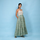 Right View of a Model wearing Sage Green Block Printed Cotton Cami Tier Dress