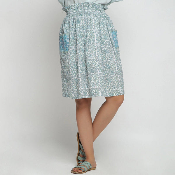 Front View of a Model wearing Sage Green Hand Block Print Gathered Skirt