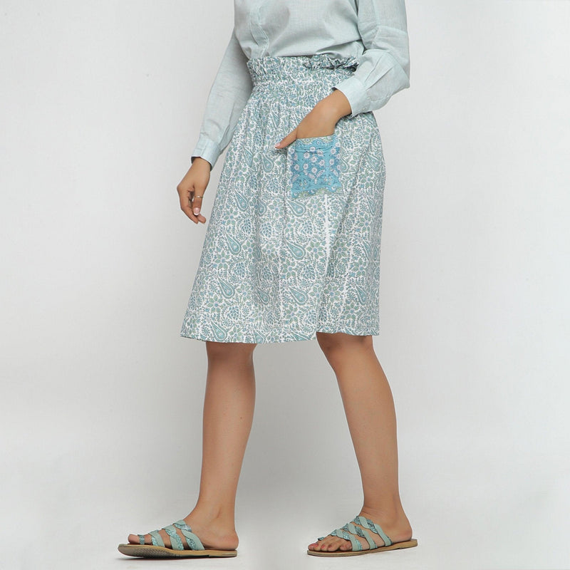 Left View of a Model wearing Sage Green Hand block Print Gathered Skirt