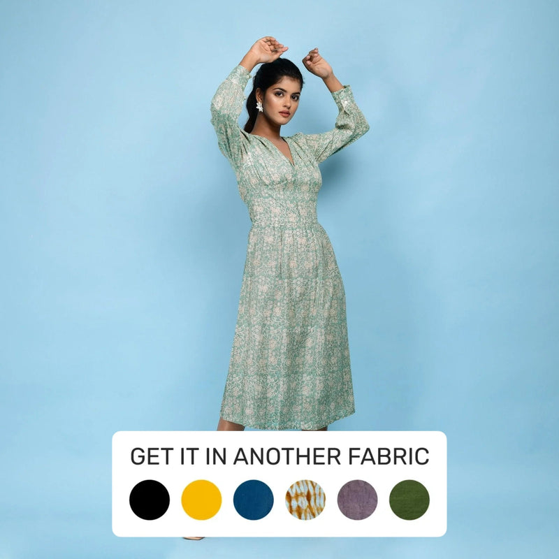 Buy Sage Green Cotton Block Printed Blouson Dress Online at SeamsFriendly Buy Sage Green Cotton Block Printed Blouson Dress Online at SeamsFriendly
