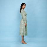 Back View of a Model wearing Sage Green 100% Cotton Blouson Midi Dress