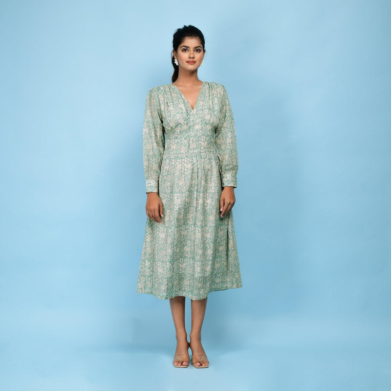 Front View of a Model wearing Sage Green 100% Cotton Blouson Midi Dress