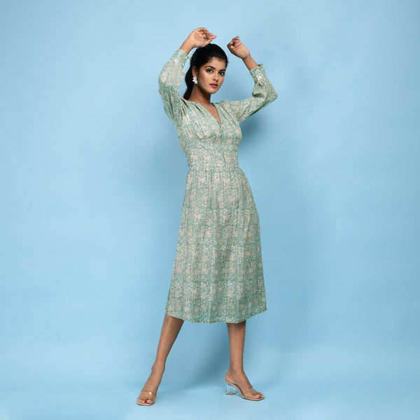 Front View of a Model wearing Sage Green 100% Cotton Blouson Midi Dress