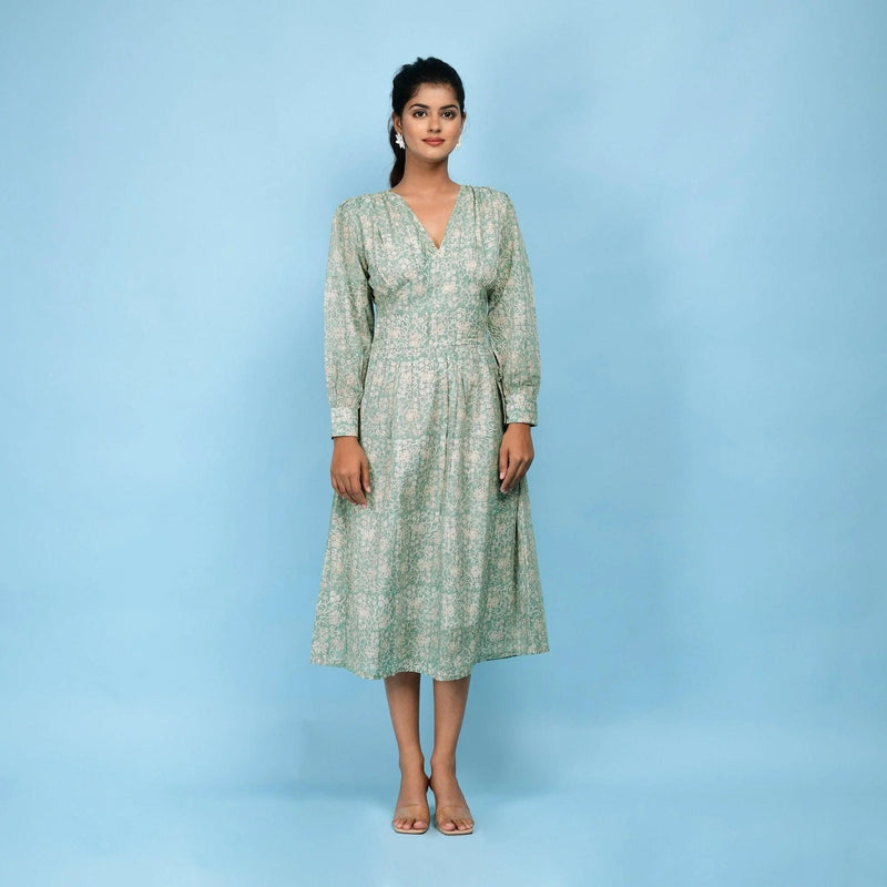 Buy Sage Green Cotton Block Printed Blouson Dress Online at SeamsFriendly Buy Sage Green Cotton Block Printed Blouson Dress Online at SeamsFriendly