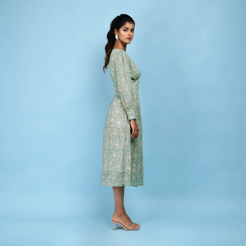 Sage Green Cotton Block Printed Blouson Dress Sage Green Cotton Block Printed Blouson Dress