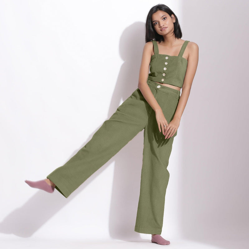 Front View of a Model wearing Sage Green Corduroy Top and Trouser Pant Set