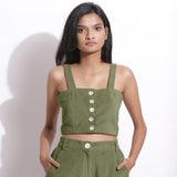 Front View of a Model wearing Sage Green Cotton Corduroy Crop Top