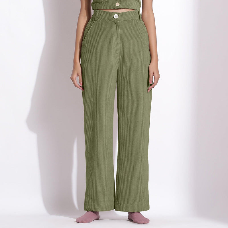 Front View of a Model wearing Sage Green Corduroy Wide-Legged Trouser Pants