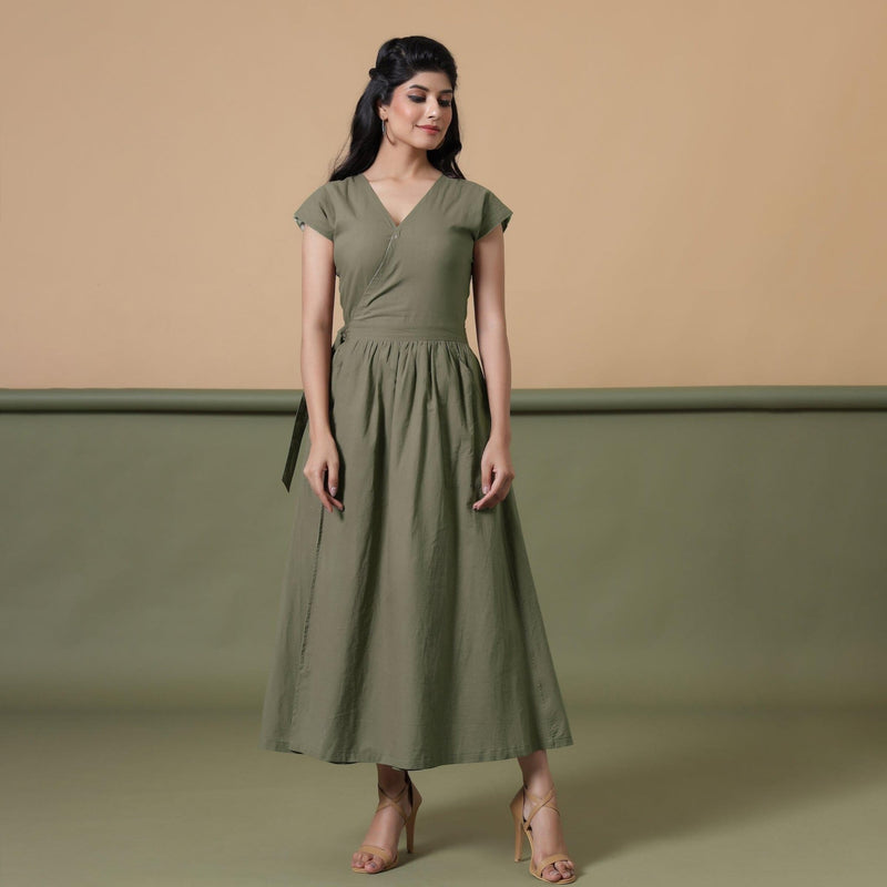 Sage Green Cotton V-Neck Maxi Wrap Dress 34" / Petite (5'1" and below) Sage Green Cotton V-Neck Maxi Wrap Dress 34" / Petite (5'1" and below)