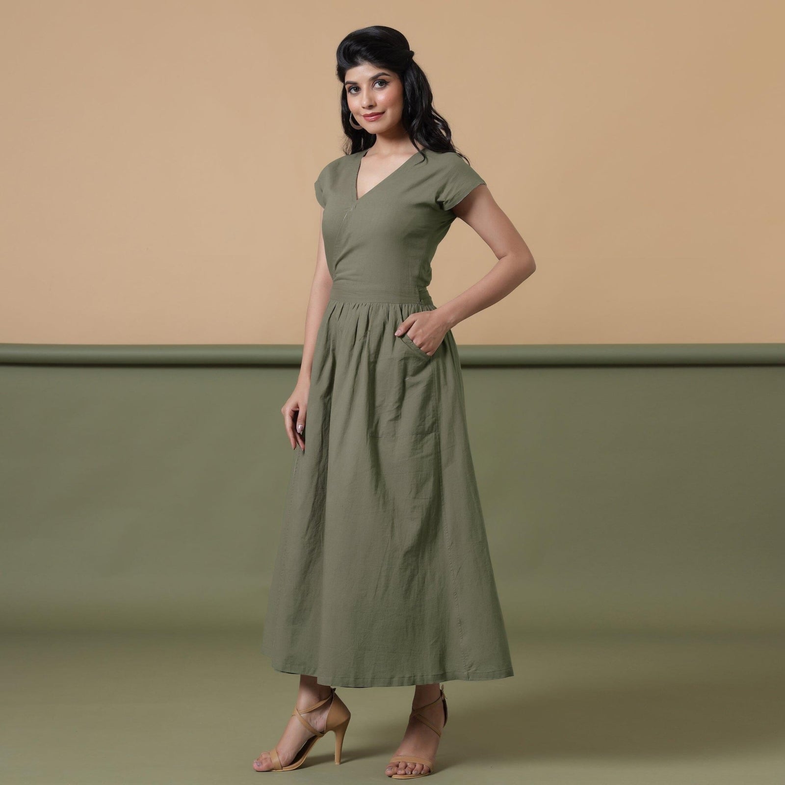 Sage Green Cotton V-Neck Maxi Wrap Dress 66" / Tall (5'7" and above) Sage Green Cotton V-Neck Maxi Wrap Dress 66" / Tall (5'7" and above)