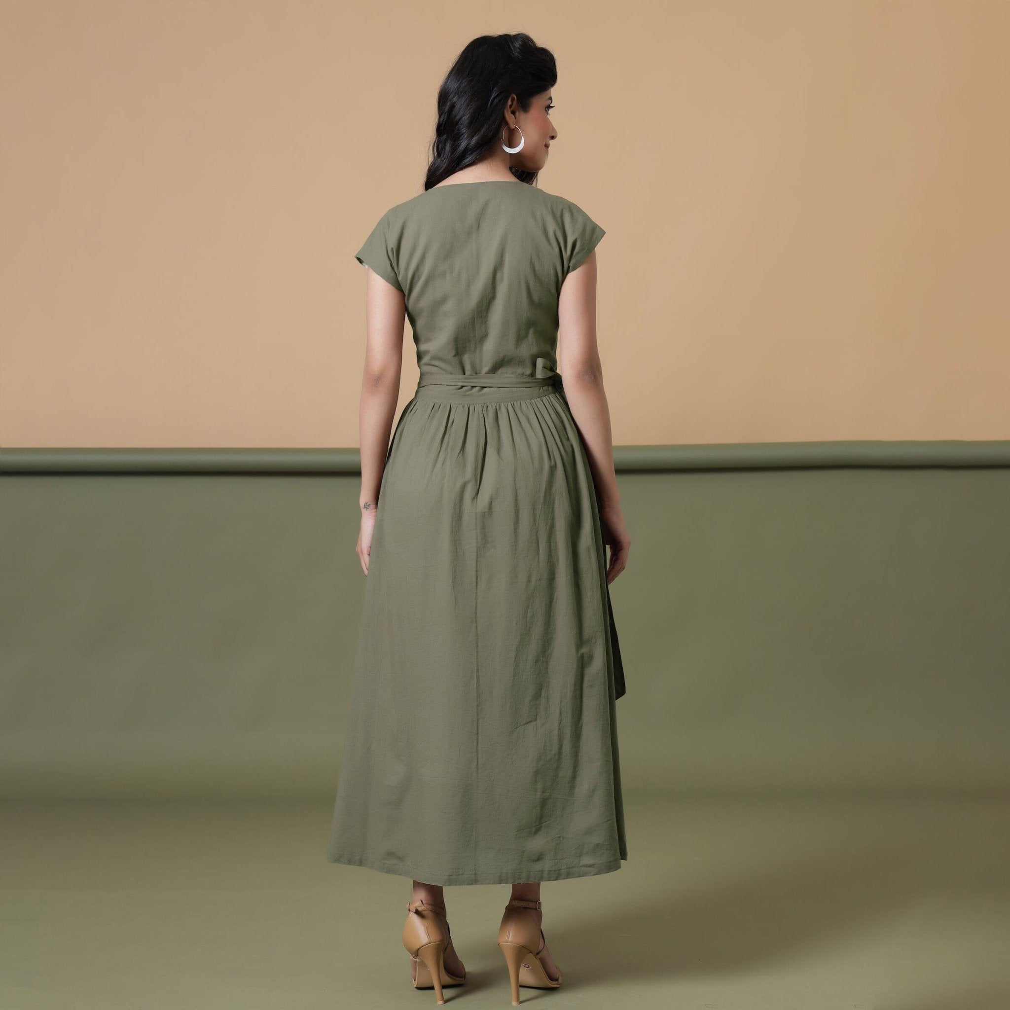 Buy Sage Green Cotton V-Neck Maxi Wrap Dress Online at SeamsFriendly