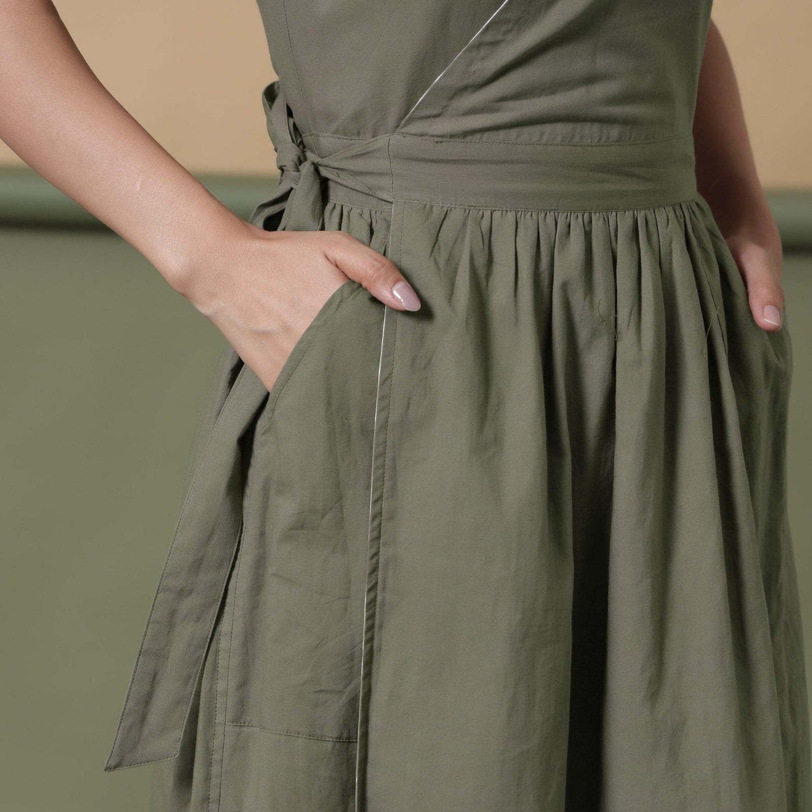 Sage Green Cotton V-Neck Maxi Wrap Dress 34" / Petite (5'1" and below) Sage Green Cotton V-Neck Maxi Wrap Dress 34" / Petite (5'1" and below)