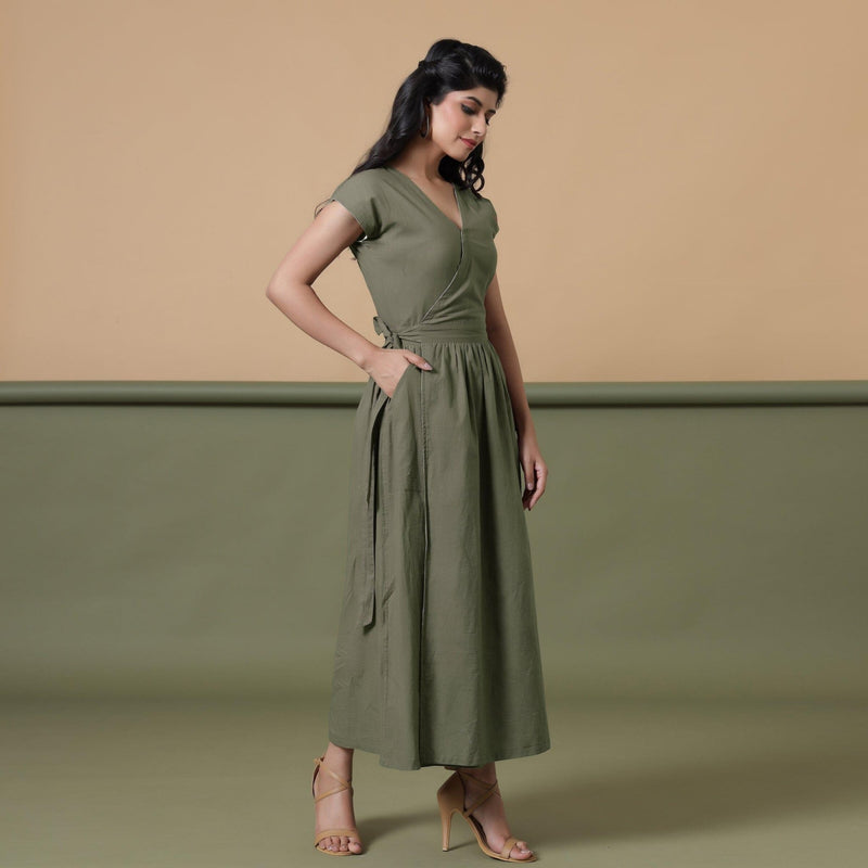 Sage Green Cotton V-Neck Maxi Wrap Dress 54" / Regular (5'2" - 5'6") Sage Green Cotton V-Neck Maxi Wrap Dress 54" / Regular (5'2" - 5'6")