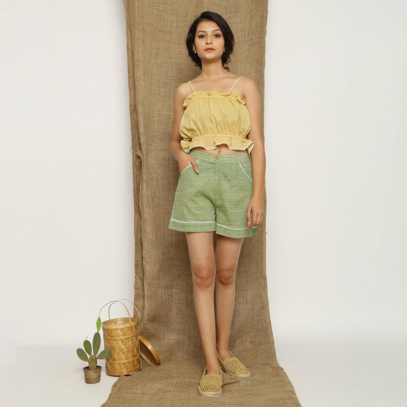 Sage Green Elasticated Handspun Cotton Mid-Rise Shorts