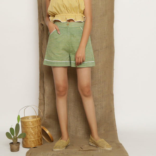 Sage Green Elasticated Handspun Cotton Mid-Rise Shorts