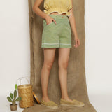 Sage Green Elasticated Handspun Cotton Mid-Rise Shorts