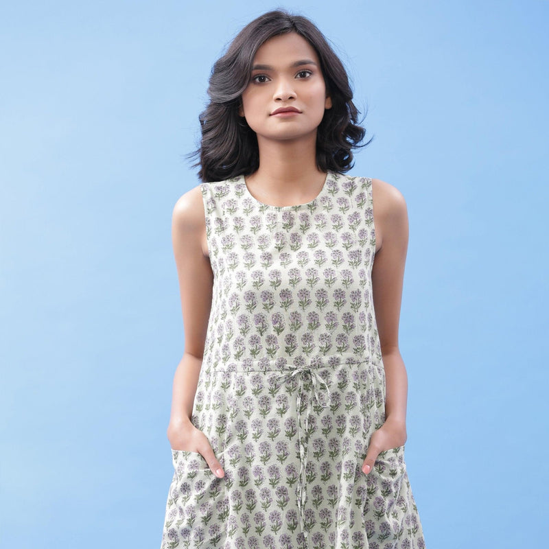 Front Detail of a Model wearing Sage Green Floral Block Printed Cotton Short Dress