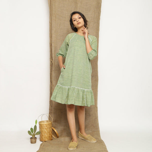 Sage Green Handspun Cotton Raglan Sleeve Knee Length Shift Dress