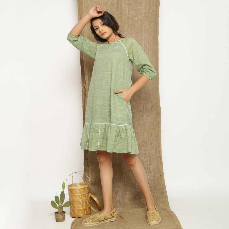 Sage Green Handspun Cotton Raglan Sleeve Knee Length Shift Dress