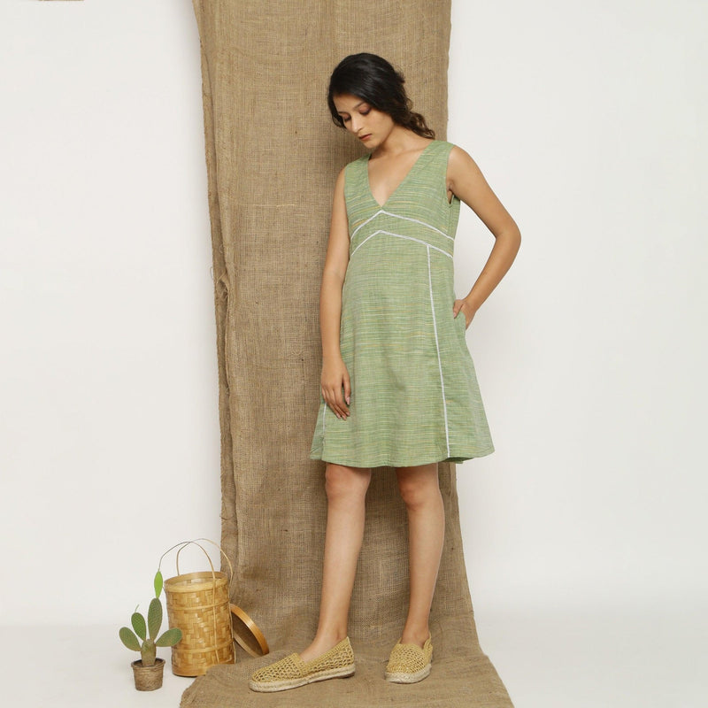 Sage Green Handspun Cotton V-Neck Paneled Short Dress