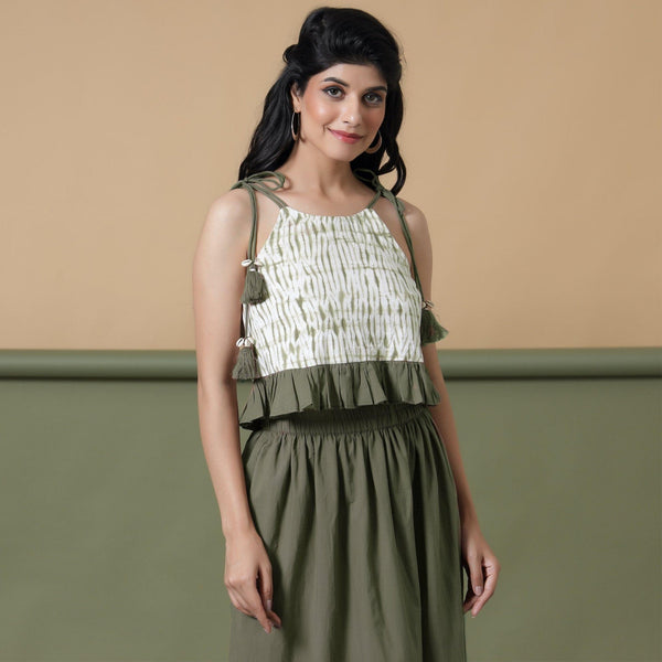 Front View of a Model wearing Moss Green Shibori Camisole Top